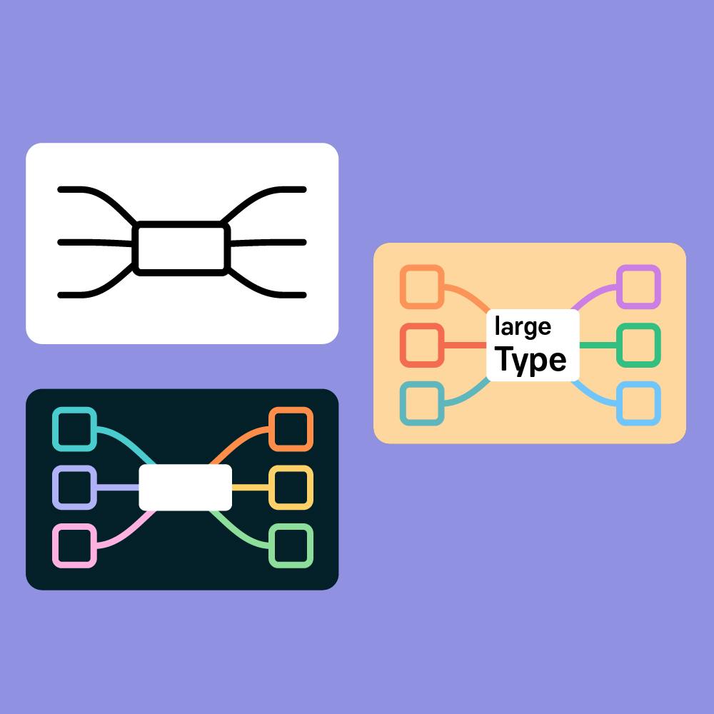 Illustration of three mind maps. The first one is simple in black white, the second one with bubbles and branches in rainbow colors in front of an orange background, the text in the center bubble is black and says 'large type'. The third mind map bubbles and branches are in rainbow colours with a black background, in dark mode.