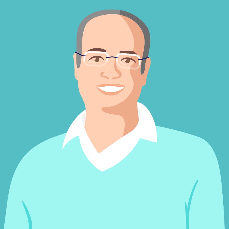 Digital illustration. Headshot of Markus Müller-Simhofer, a person with a light skin tone and short gray hair, wearing glasses and a teal V-neck sweater over a white collared shirt.