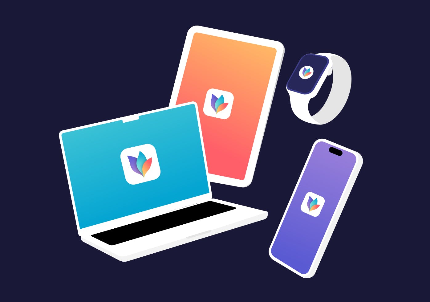 Graphic of Apple devices with MindNode Logo on the display. A MacBook, an iPad, an iPhone, and an Apple Watch.