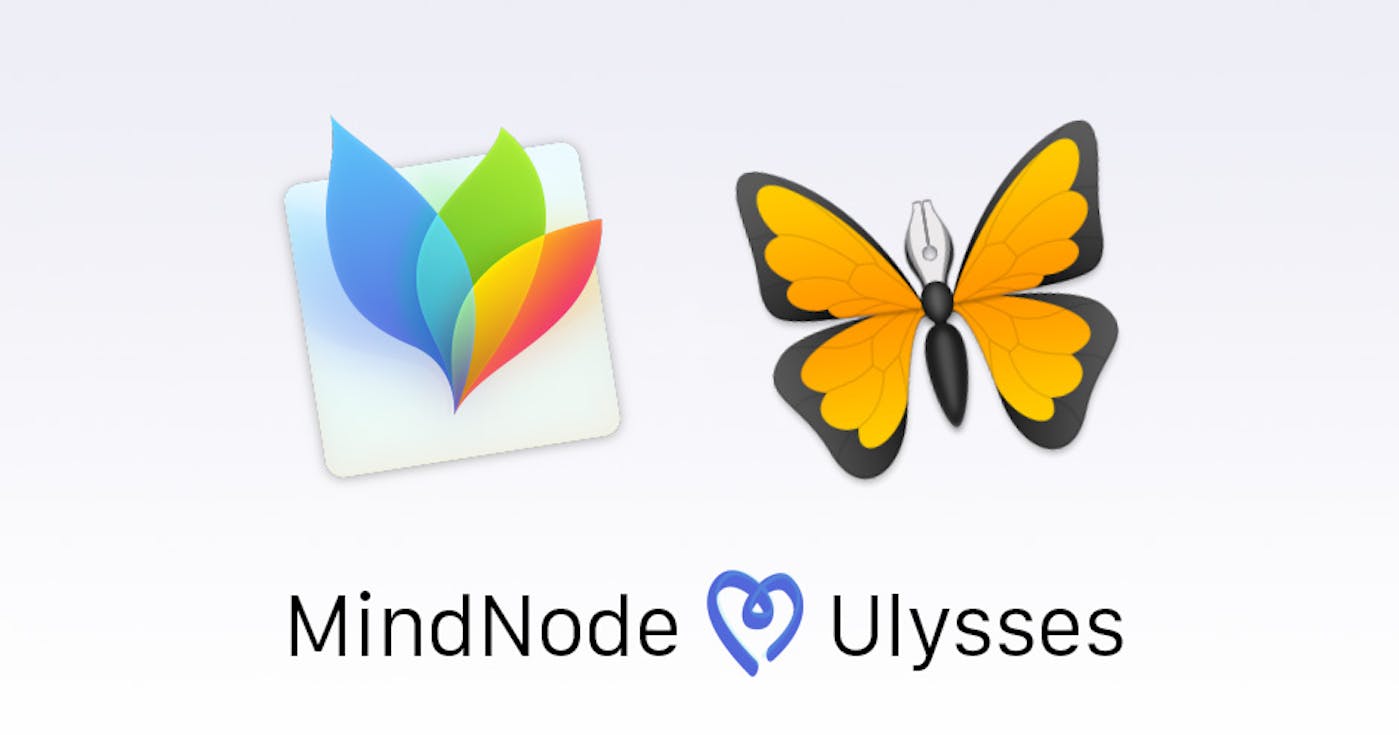 Image of MindNode and Ulysses logo with the text MindNode heart Ulysses