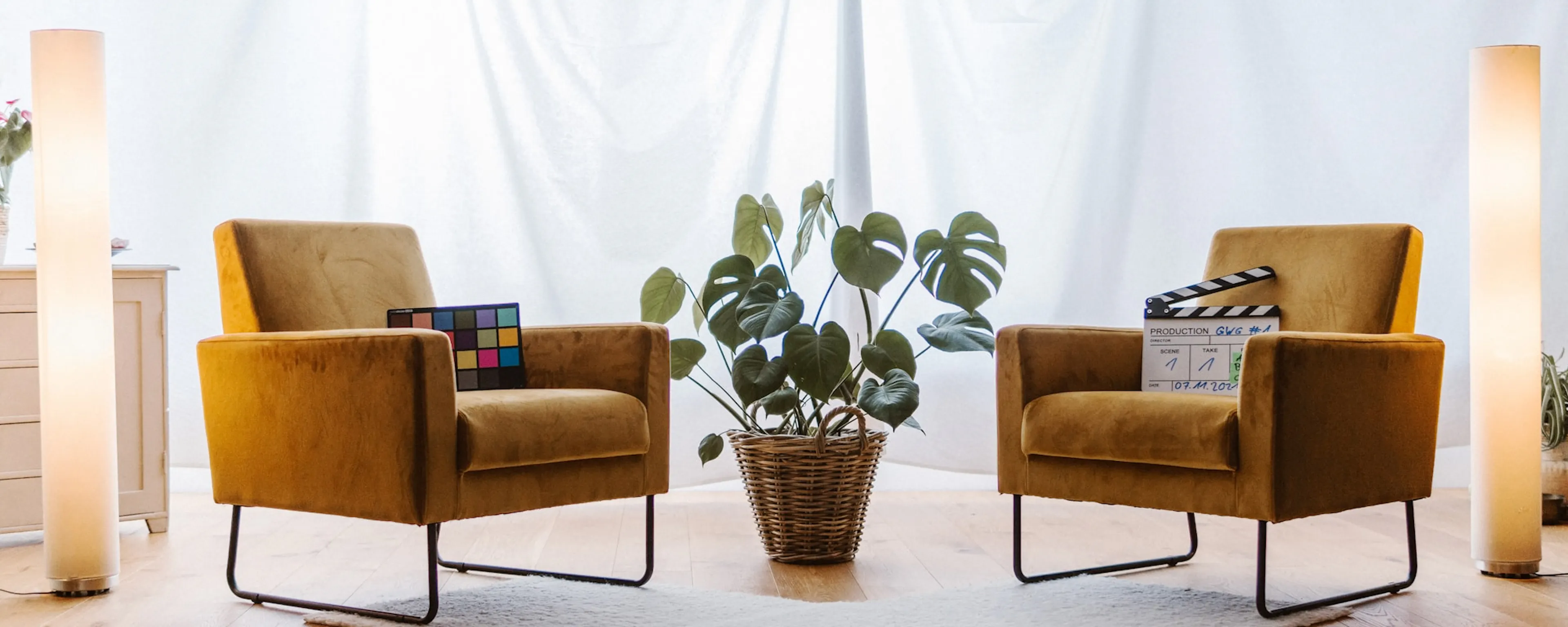 a living room with two chairs and a plant
