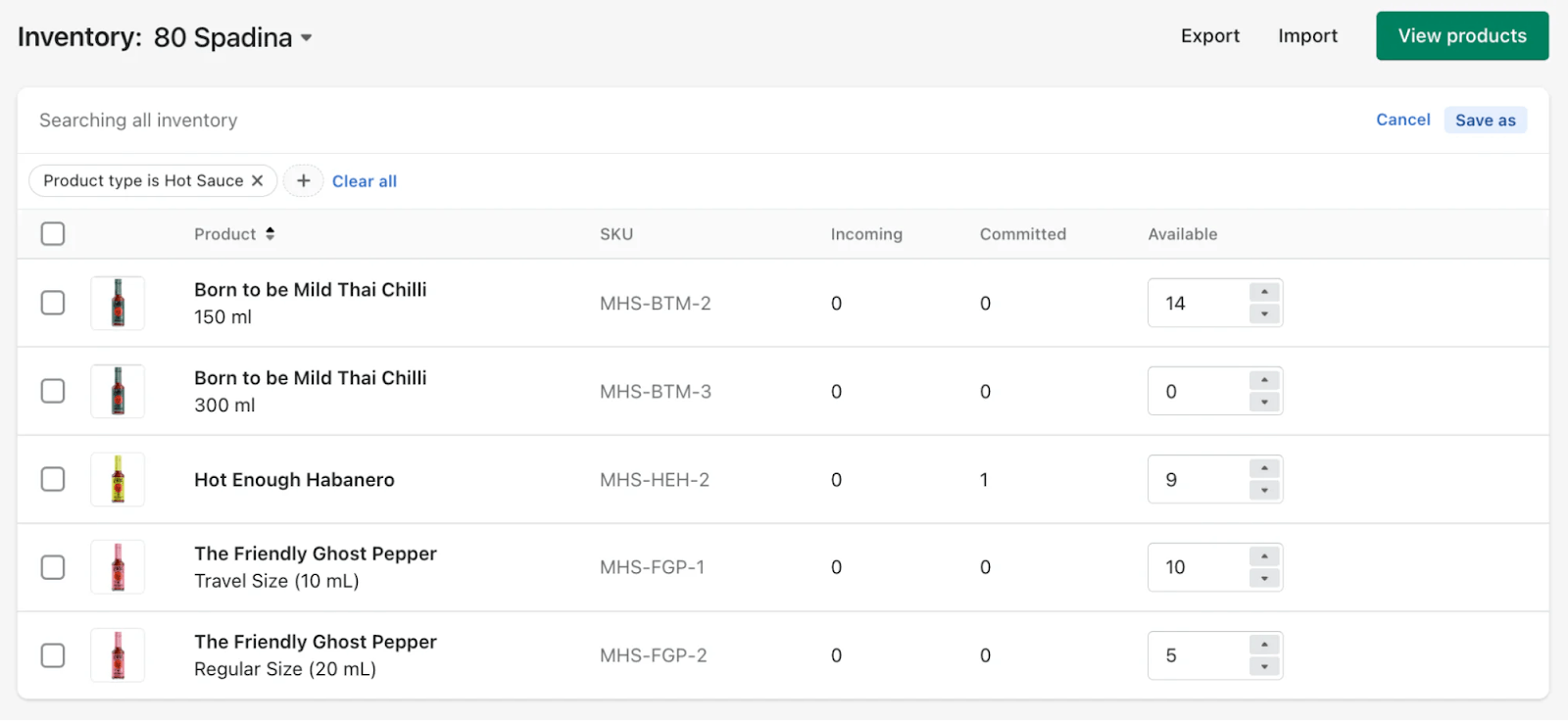 Interface Gestion des produits dans une boutique shopify