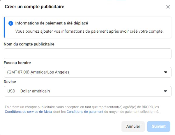 Création de compte publicitaire sur Meta Business manager