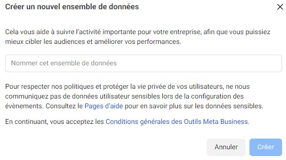 Créer un nouvel ensemble de données sur Facebook pixel