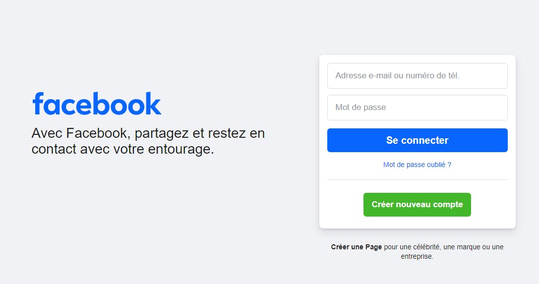 Facebook login page