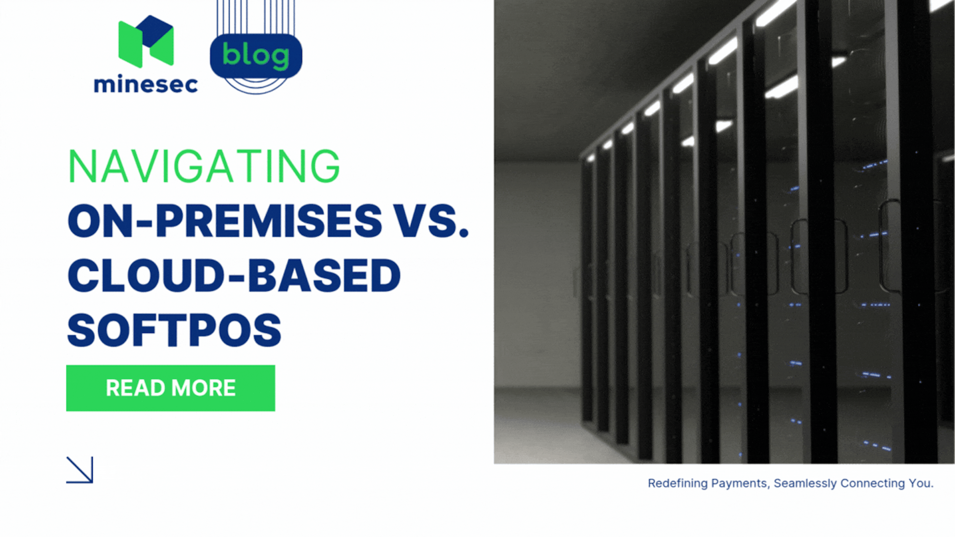 image of server room with blog title Navigating On-premise vs. Cloud-based SoftPOS