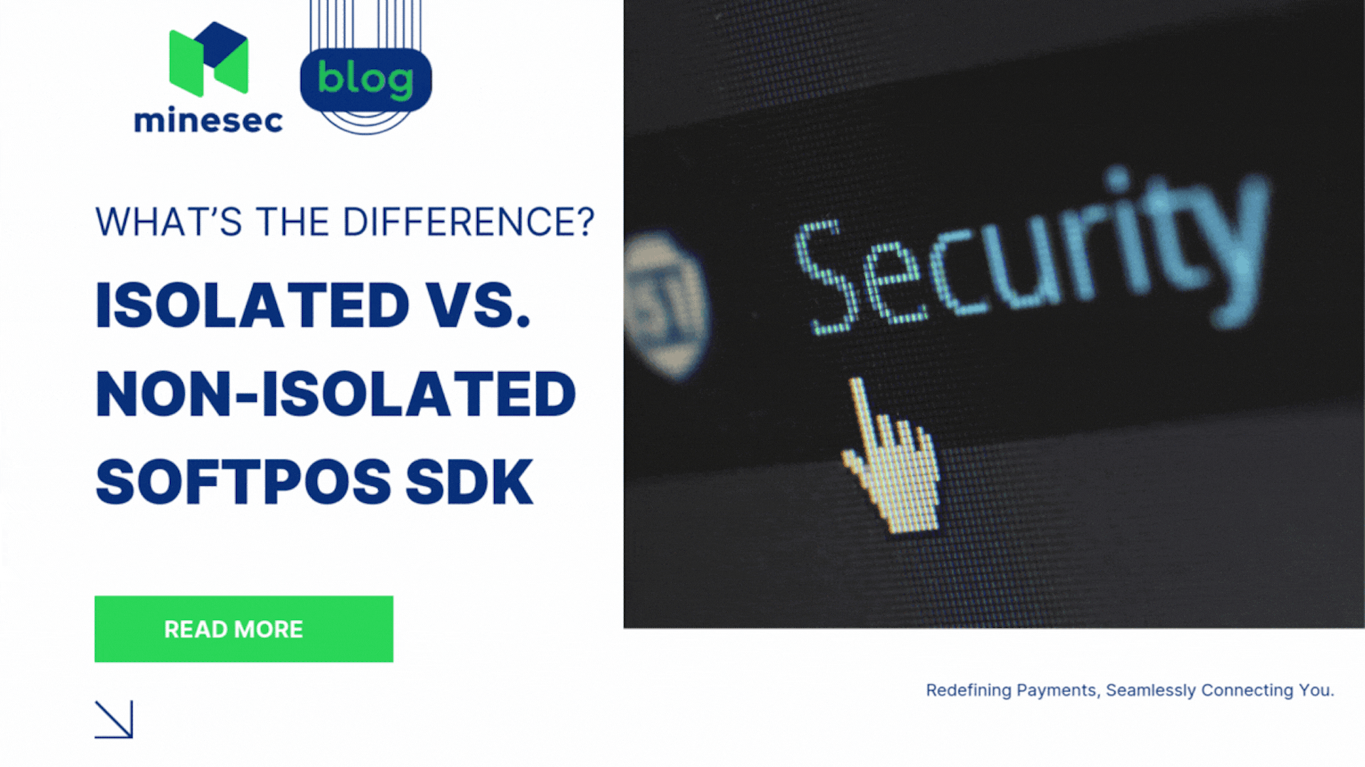 The word 'security' on a computer screen accompanying the blog title "Isolated vs. Non-Isolated SoftPOS SDK"