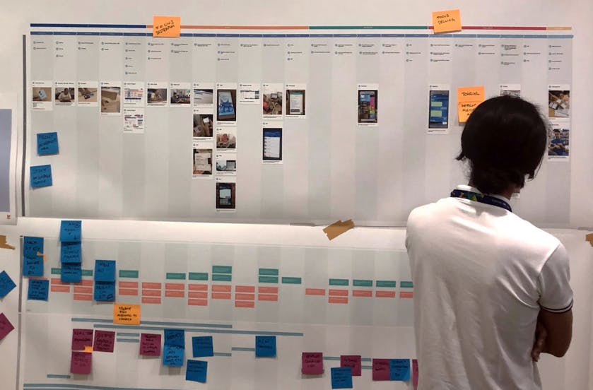 Indonesian man in white shirt looking at board of post-its from field research and workshop for telecom provider XL Axiata 