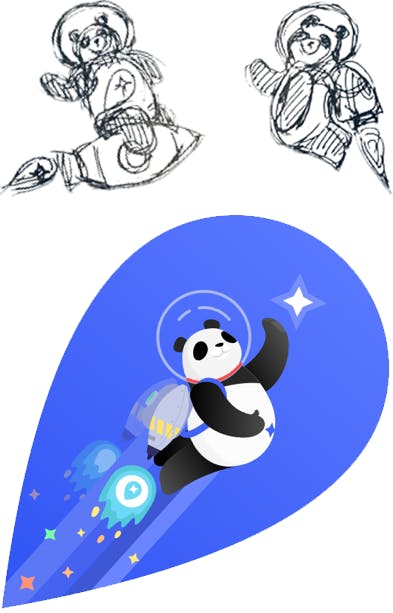 Digital design of Mapbox panda brand mascot shooting into space with rocket on the back next to pencil drawings of two pandas
