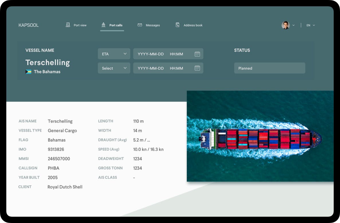 Digital tablet interface of Kapsool maritime platform with vessel data and image of cargo ship