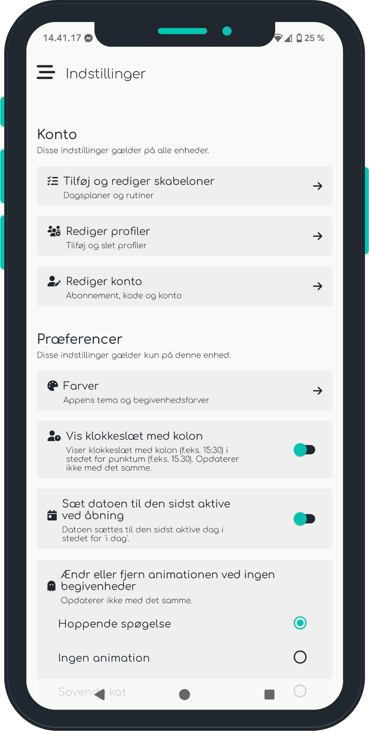 Screenshot af indstillinger