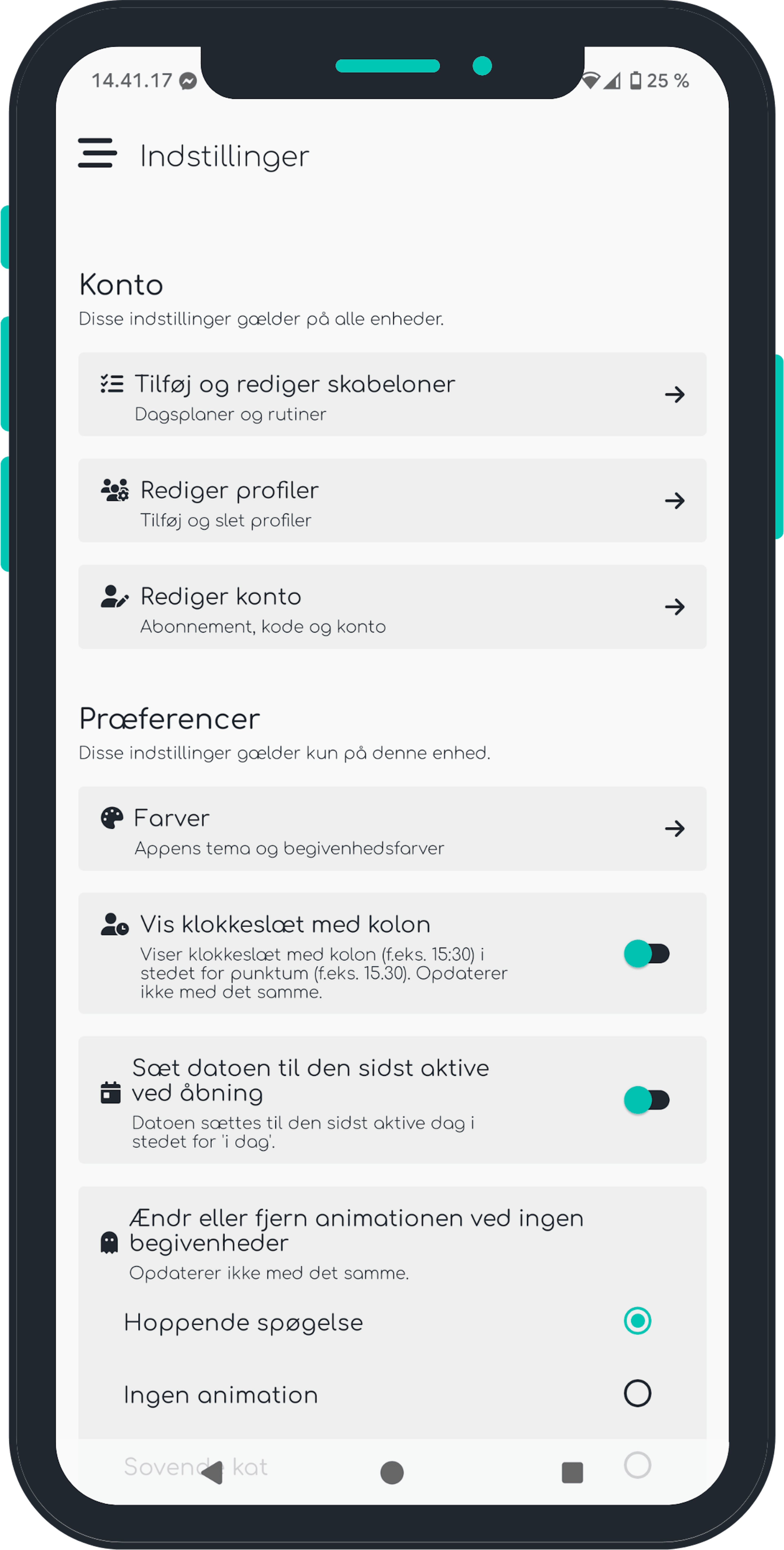 Screenshot af indstillinger