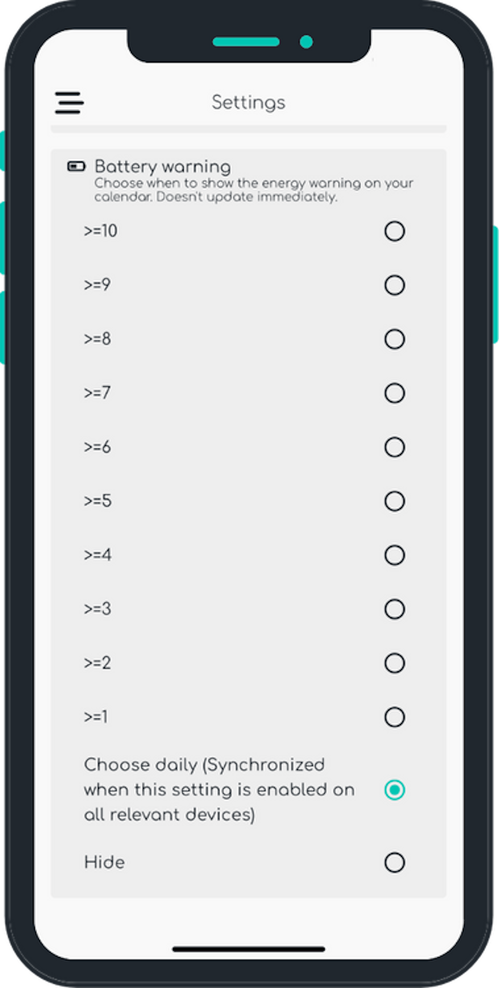 Energy warning settings