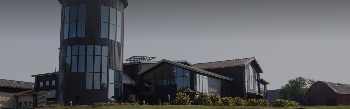 A distant view of the Lux Row Distillery buildings.