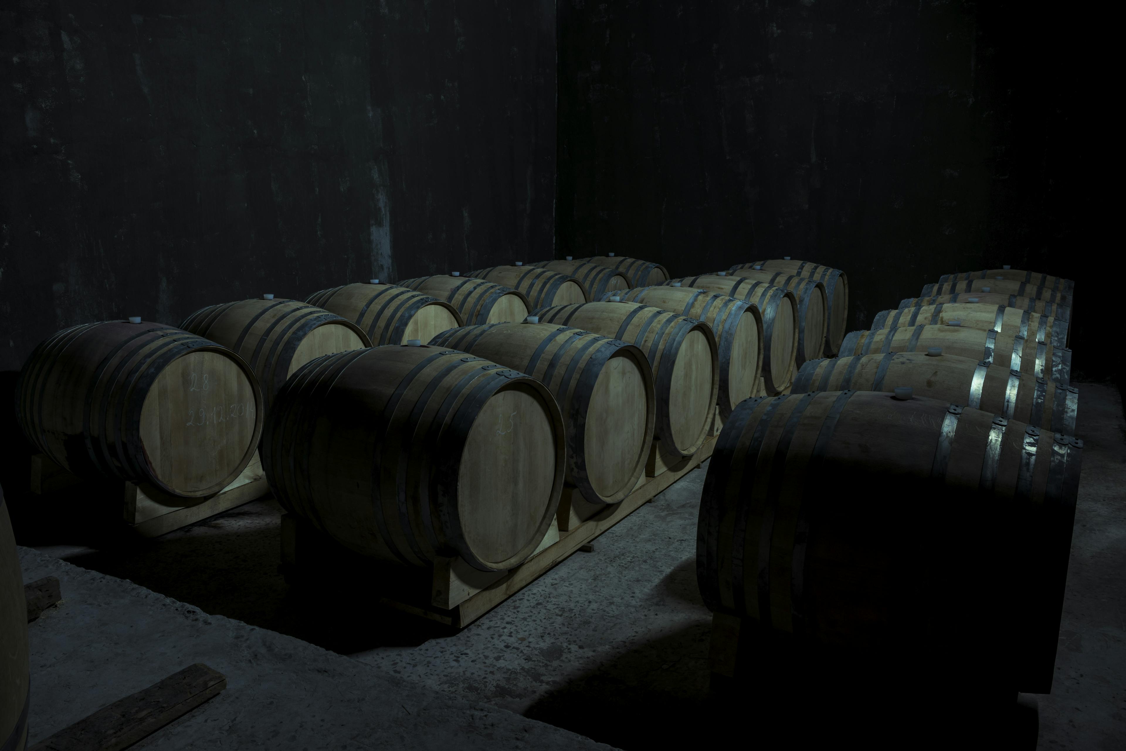 Rows of wooden barrels in a very dark room.