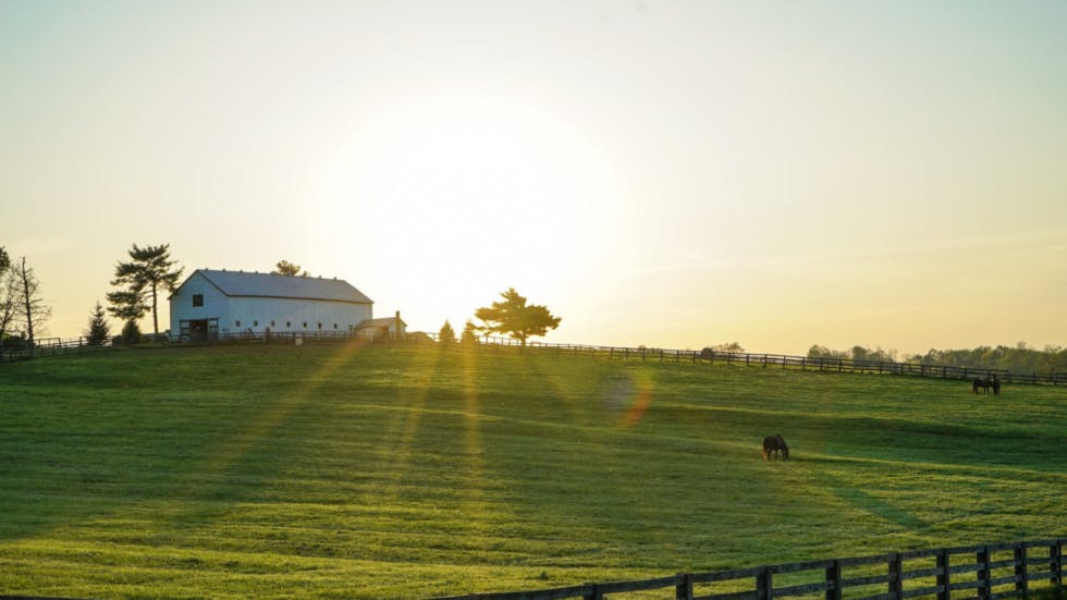 A scenic farm with the sun setting behind a barn on a hill, casting a warm golden glow across the landscape.