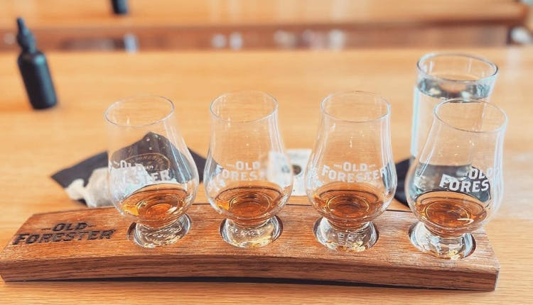 A set of drinking glasses filled with samples of Old Forester bourbon.