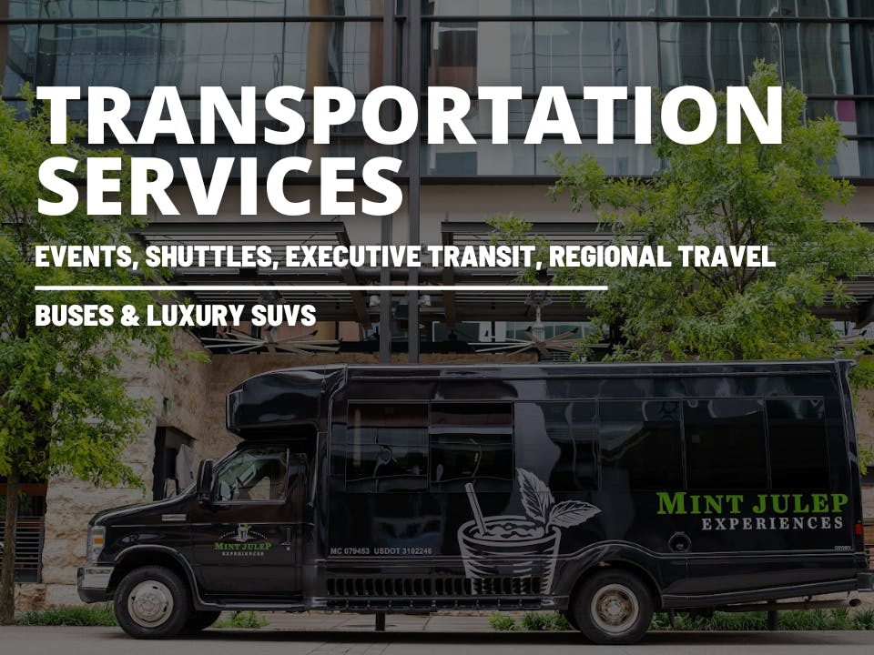 A scene titled "Transportation Services" featuring a sleek Mint Julep Experiences luxury shuttle in the background.