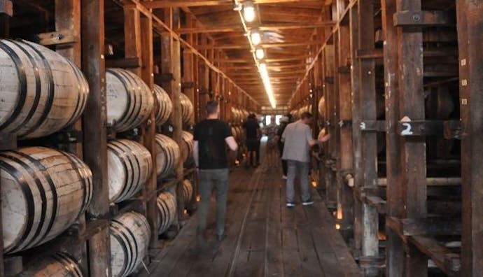 An interior view of Jack Daniel's rickhouse.