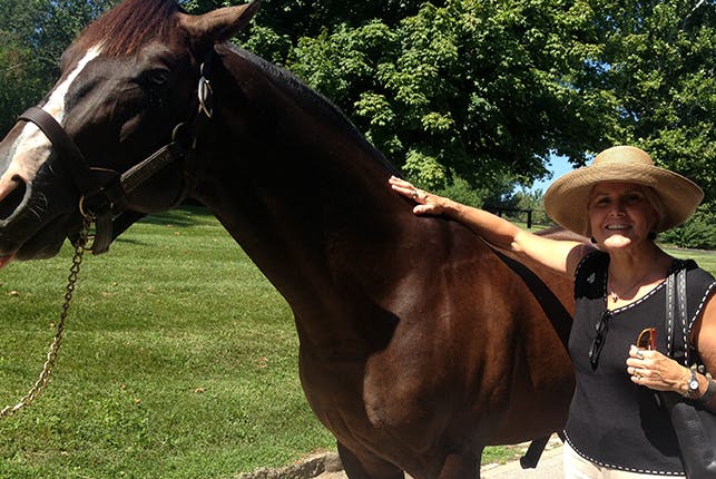 A woman smiling, gently petting a horse's back.