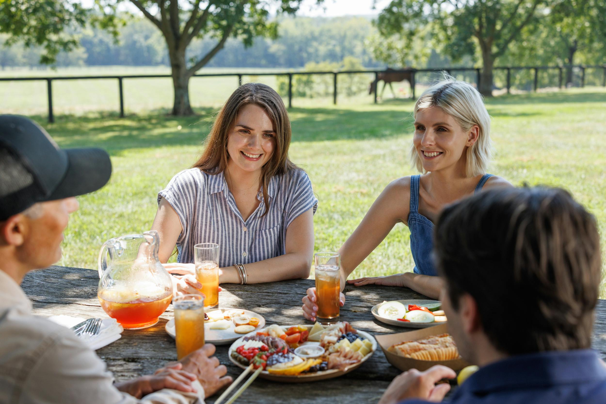 Tourists enjoying their food and drinks at a table on a scenic horse farm.