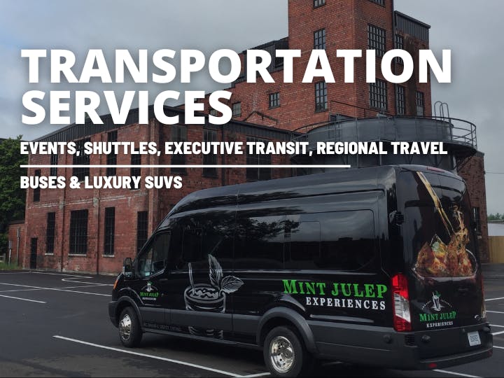 A scene titled "Transportation Services" featuring a sleek Mint Julep Experiences luxury shuttle in the background, showcasing high-end travel options with an elegant and professional setting. 