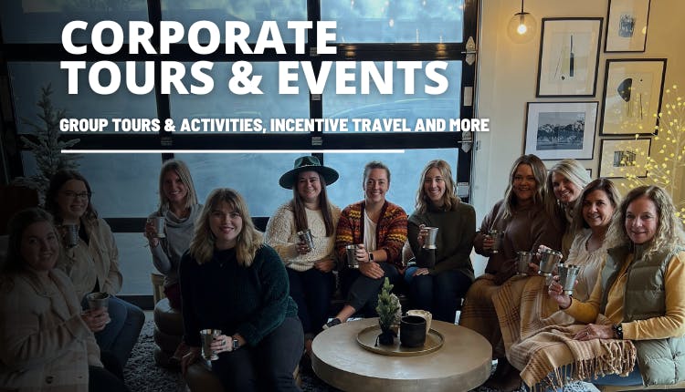 A scene titled "Corporate Tours and Events" featuring a group of people posing together, each holding a drink in silver cups—capturing the celebratory spirit of a shared distillery experience.