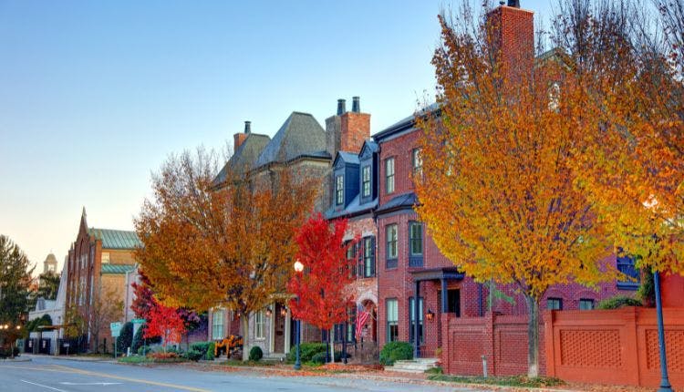 A picturesque street in Franklin, Tennessee, featuring brick exteriors and vibrant fall foliage, creating a beautiful, cozy atmosphere.