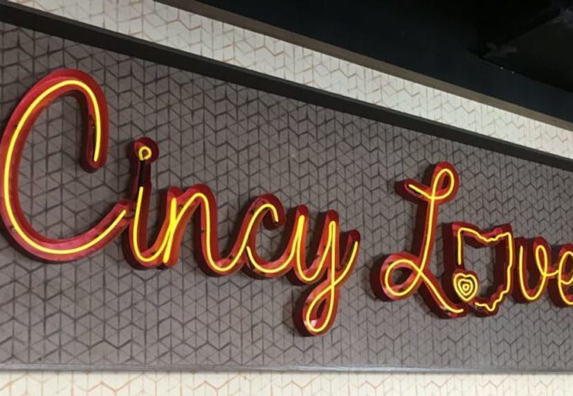 A sign that reads "Cincy Love," glowing brightly.