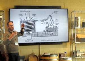 An instructor at Moonshine University leading a discussion, using illustrated materials as visual aids.