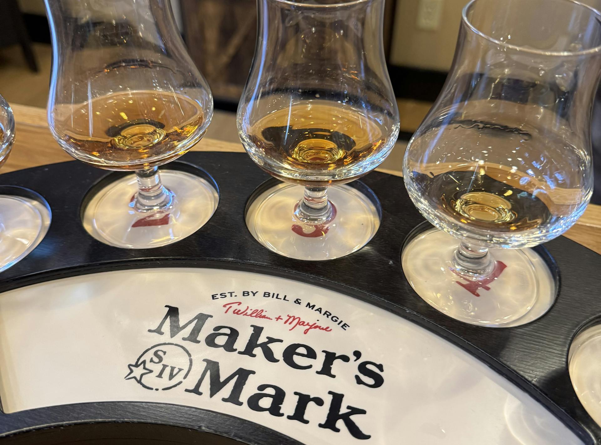 A preview of the signature tasting flight offered after a tour of Maker's Mark distillery