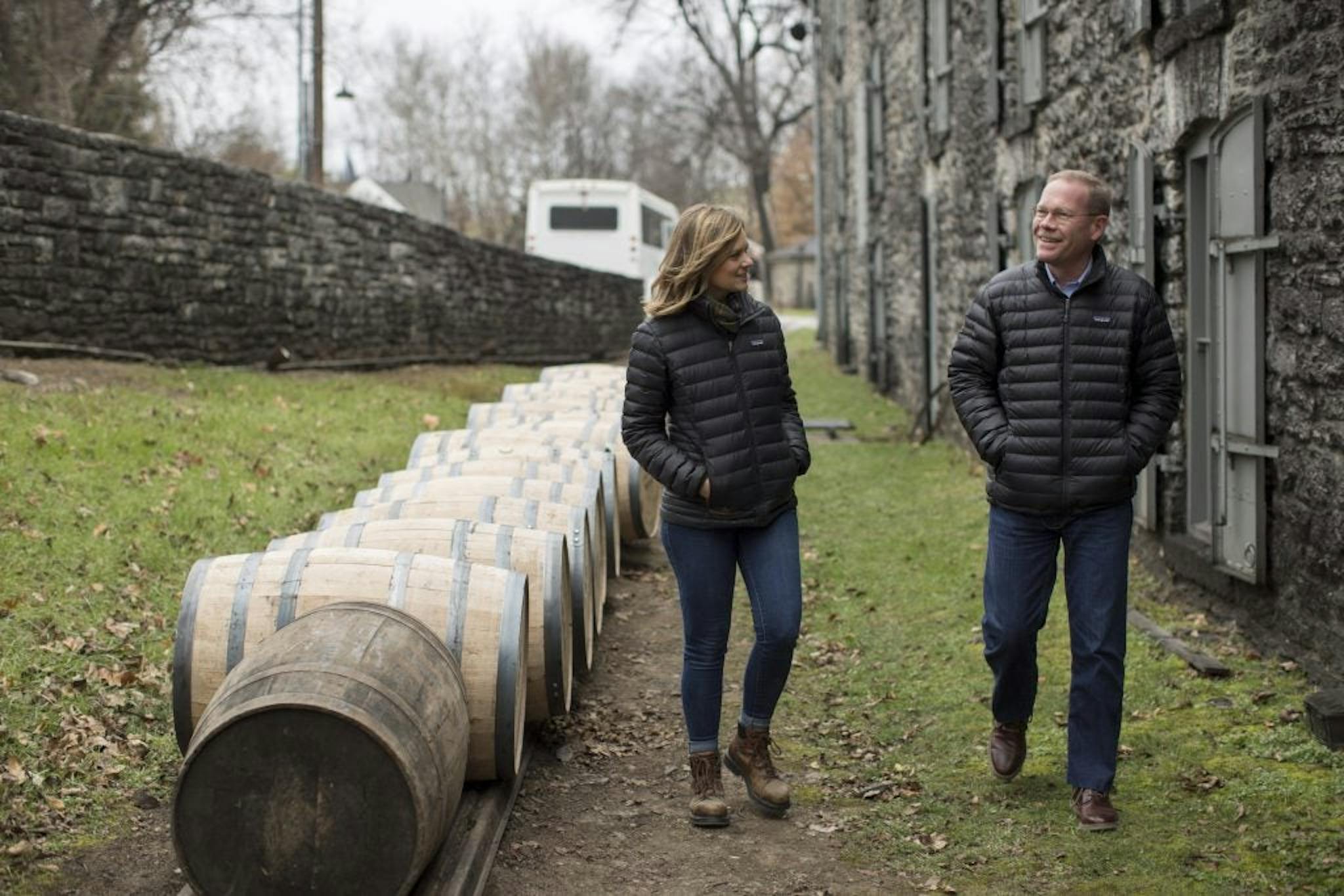 Chris Morris and Elizabeth McCall, master distillers at Woodford Reserve, exploring the distillery grounds