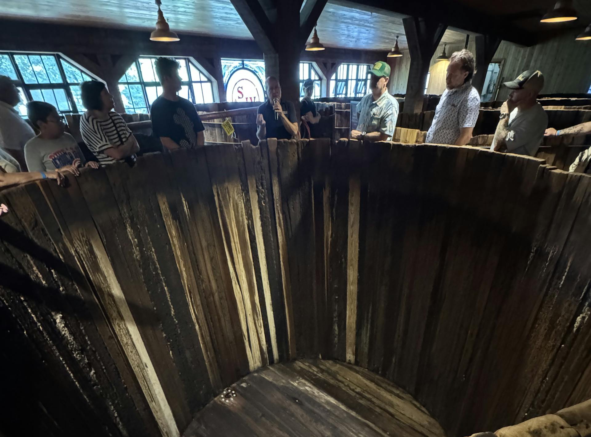 a look inside one of the original 1800s fermentation vats at Maker's Mark distillery made of cypress wood.