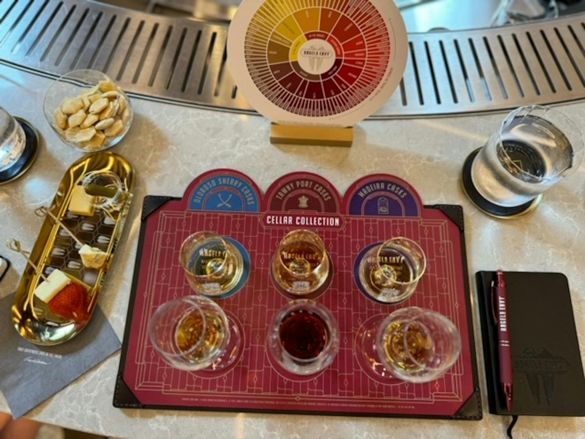 An Angel's Envy tasting flight that is served during a Mint Julep Experiences Tour