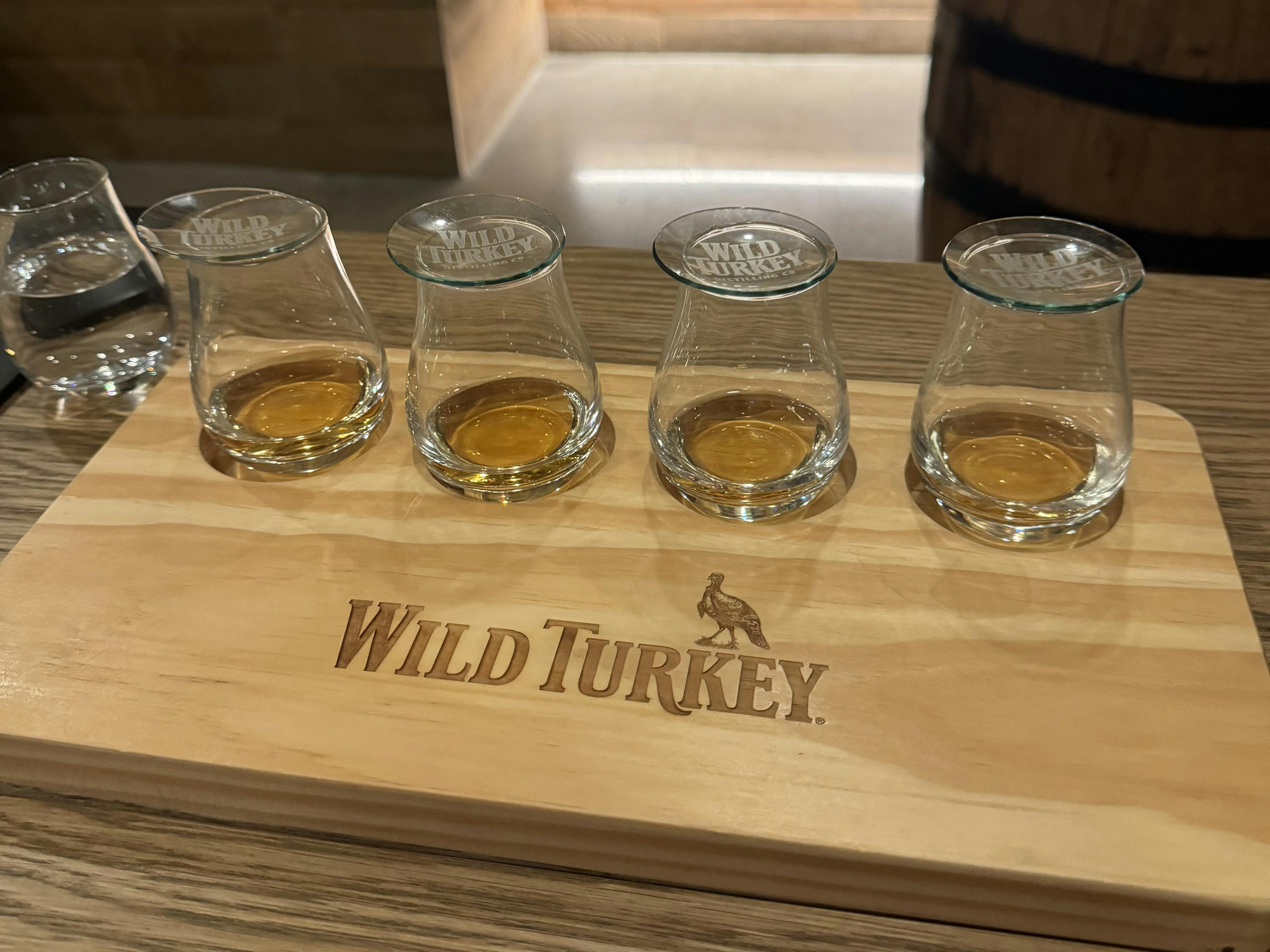 a tasting flight served at the end of a wild turkey distillery tour