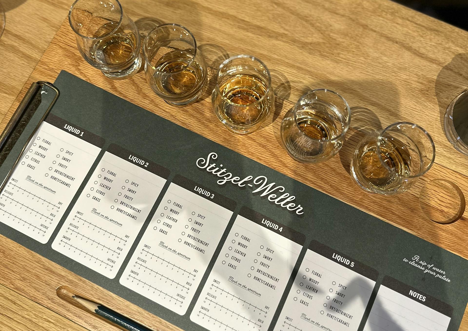 a look at a tasting flight served at the end of a tour at stitzel weller