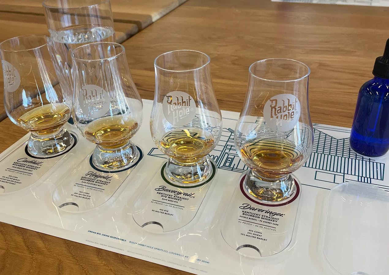 A tasting flight served at the end of the rabbit hole distillery tour with mint julep experiences