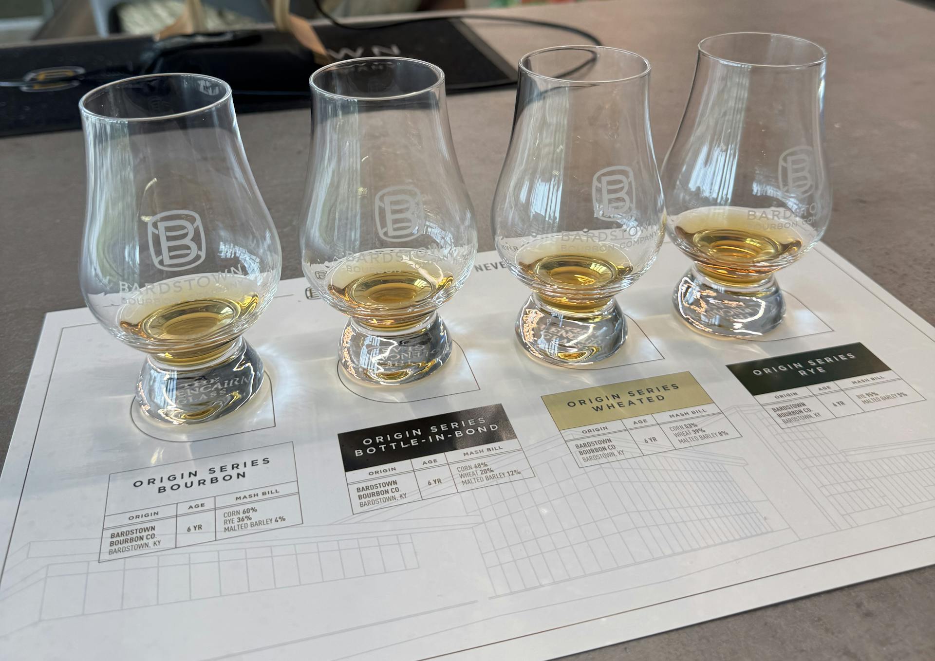 a tasting flight served on a tour at bardstown bourbon company