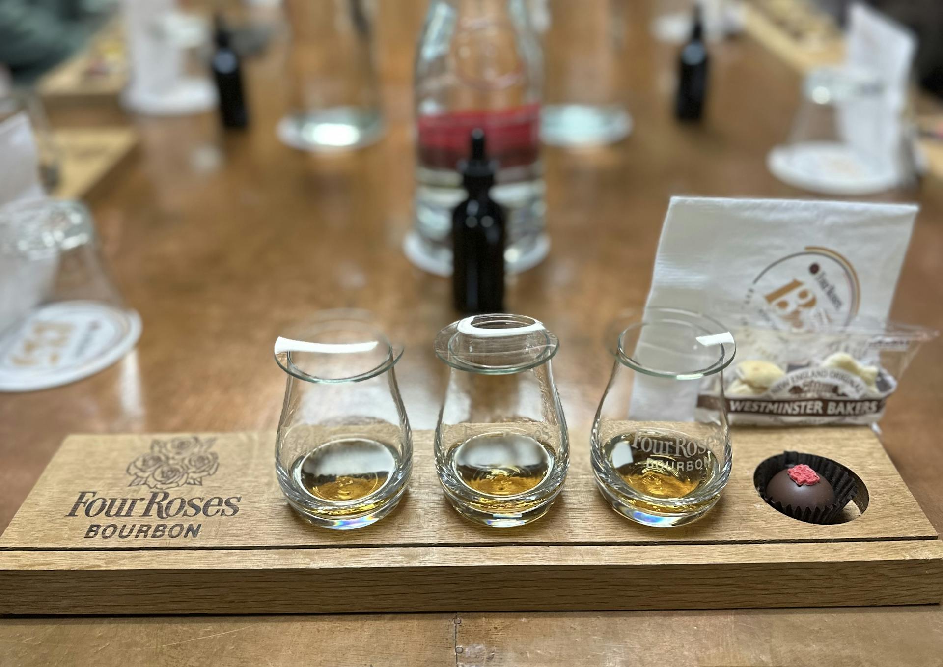 a four roses bourbon tasting flight served during a distillery tasting experience