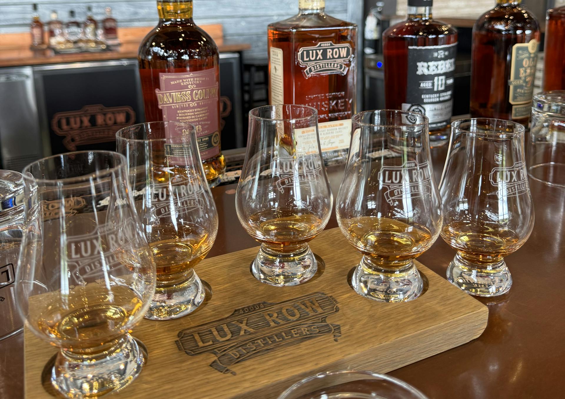 a tasting flight served at the end of a tour of lux row distillery in bardstown, KY