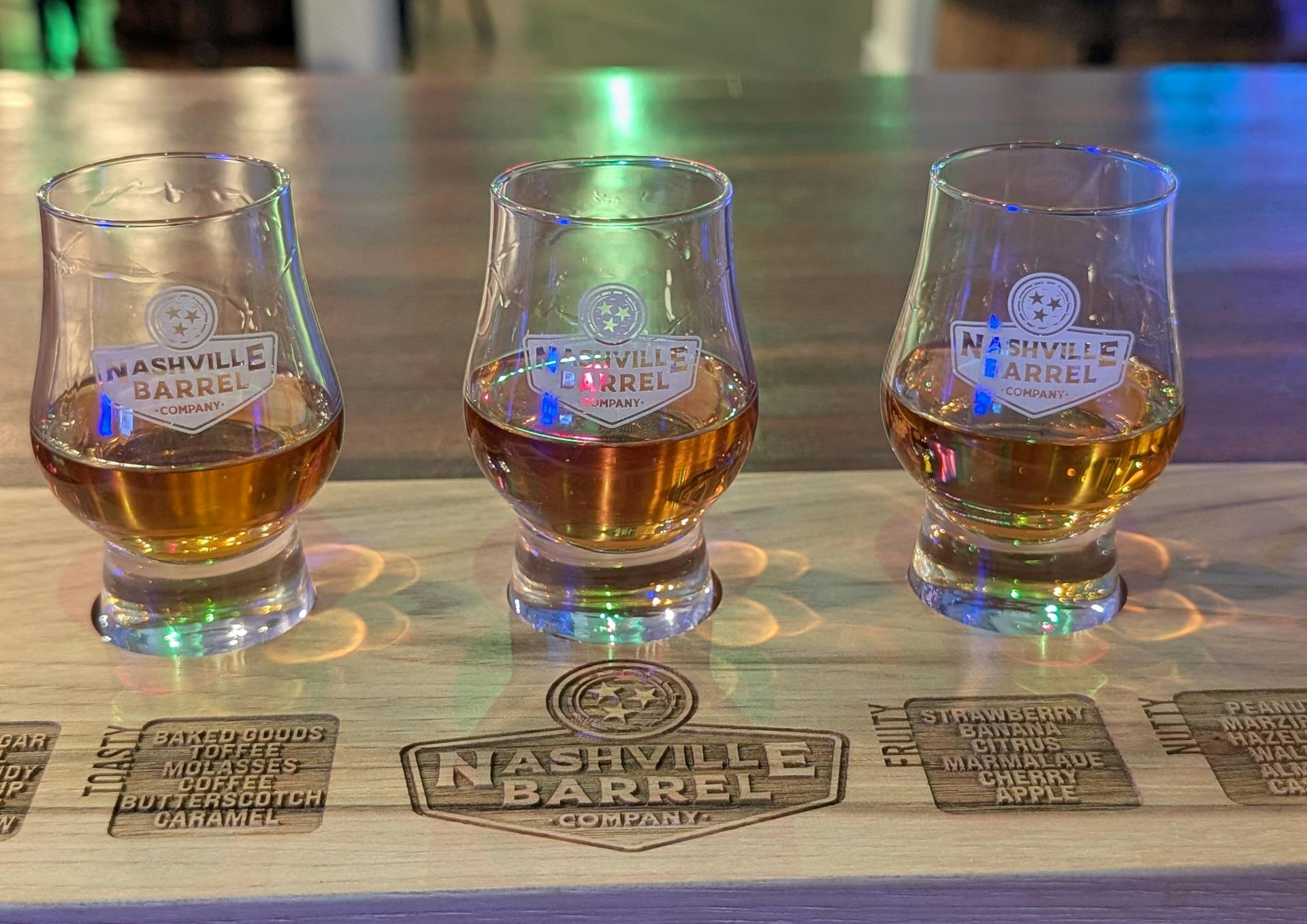 a tasting flight at Nashville Barrel Distillery and Whiskey Bar, a stop on Nashville's Best Whiskey Tour by Mint Julep Experiences