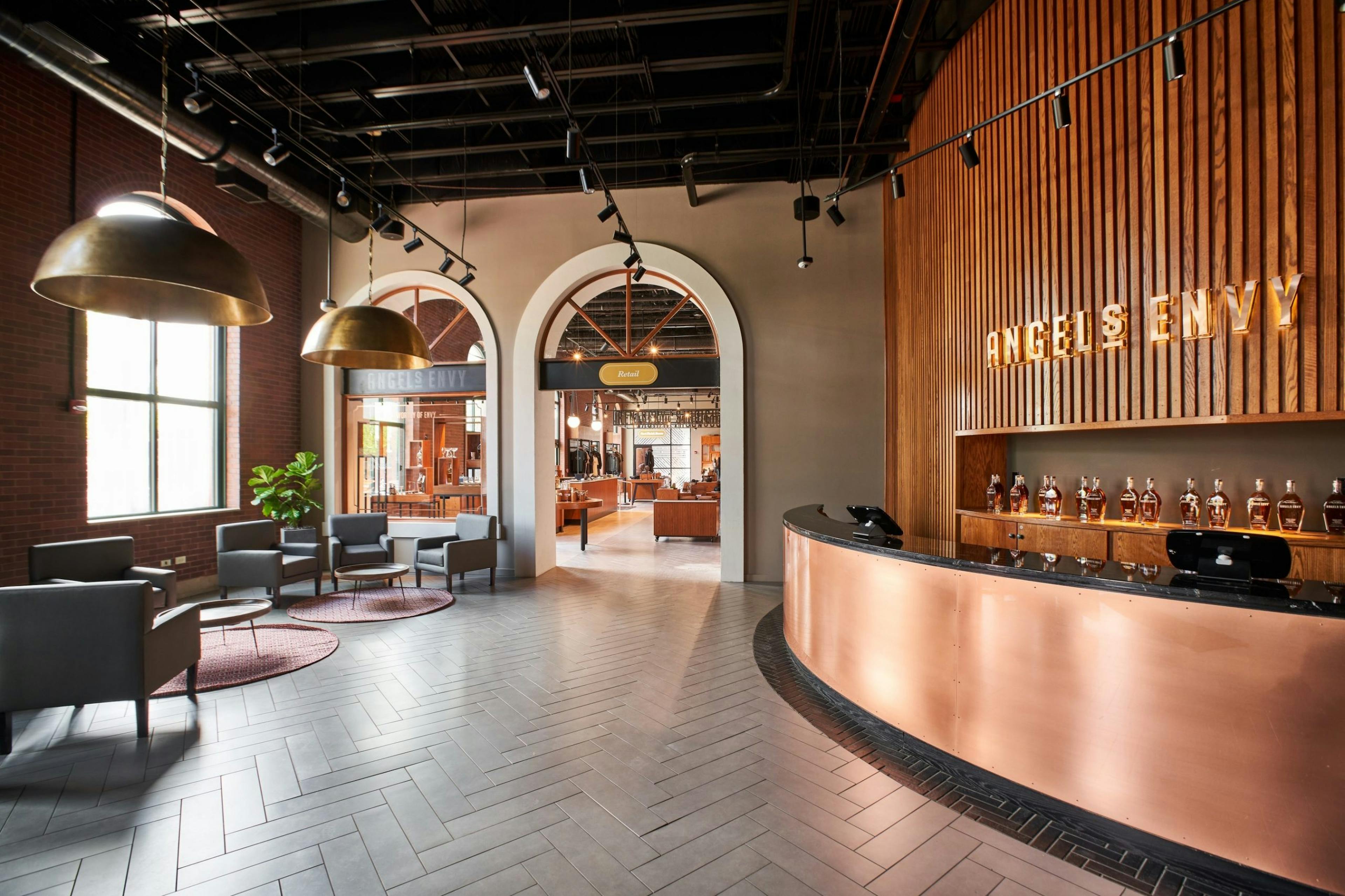 The elegant, modern, lobby of Angel's Envy distillery in downtown Louisville.