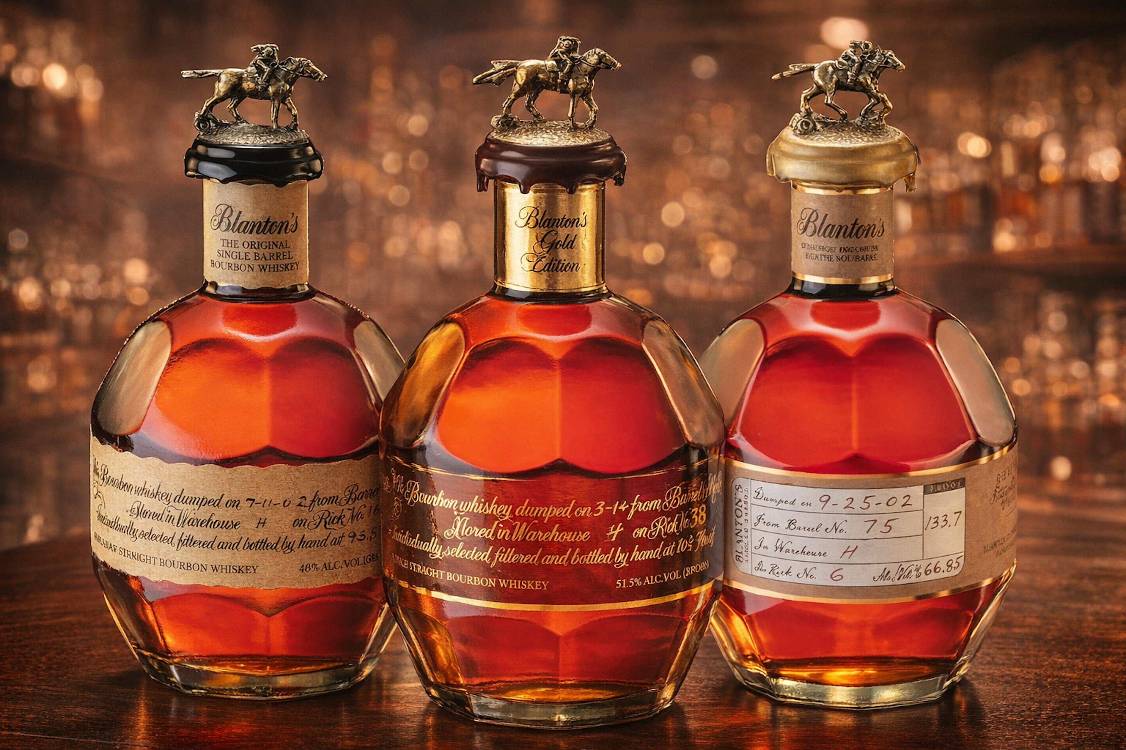 A Blanton's bourbon tasting flight depicting blanton's original, blanton's gold, and blanton's straight from the barrel
