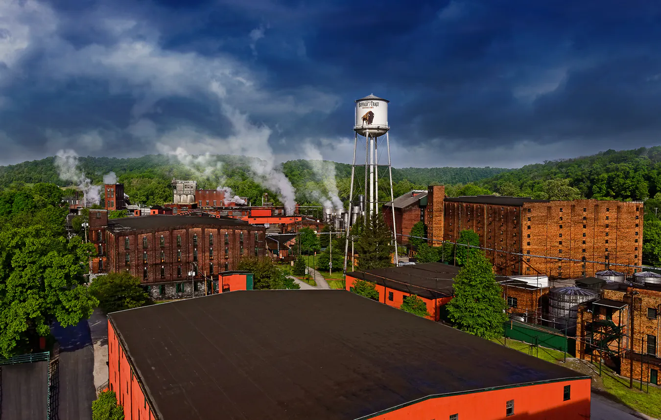 a drone photo of the buffalo trace distillery grounds
