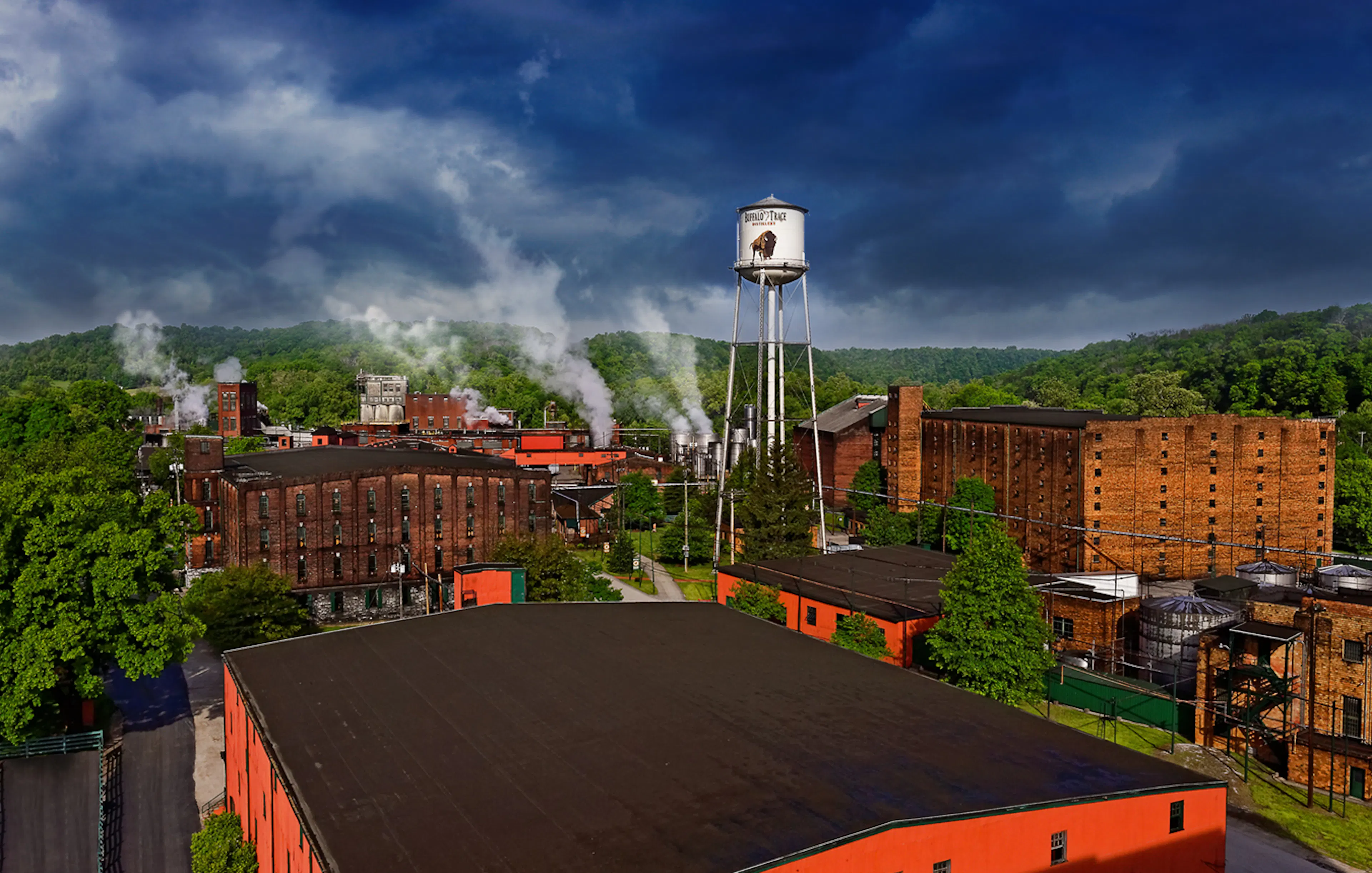 a drone photo of the buffalo trace distillery grounds
