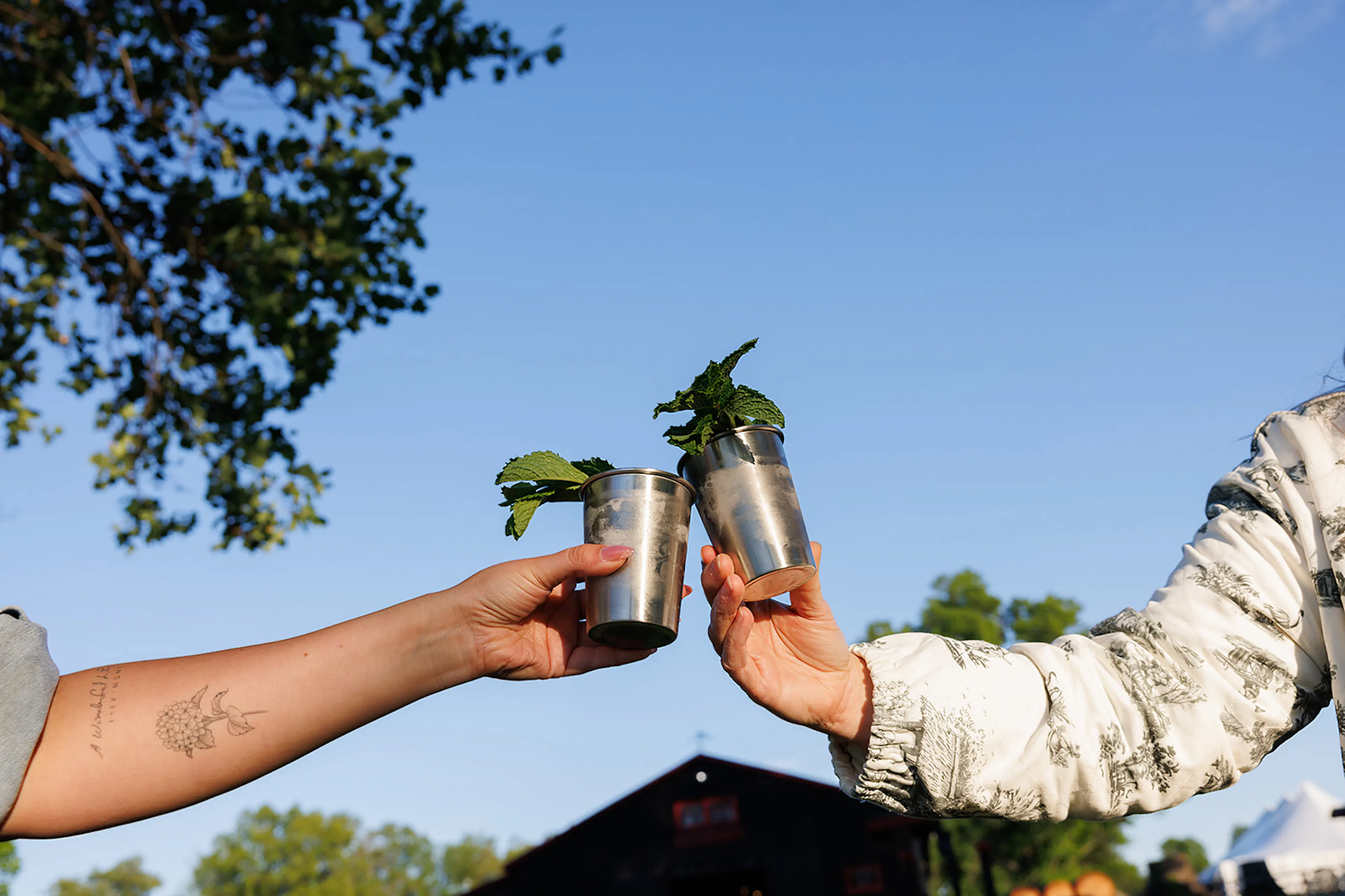 Two People on a Kentucky Derby farm cheers two mint julep glasses