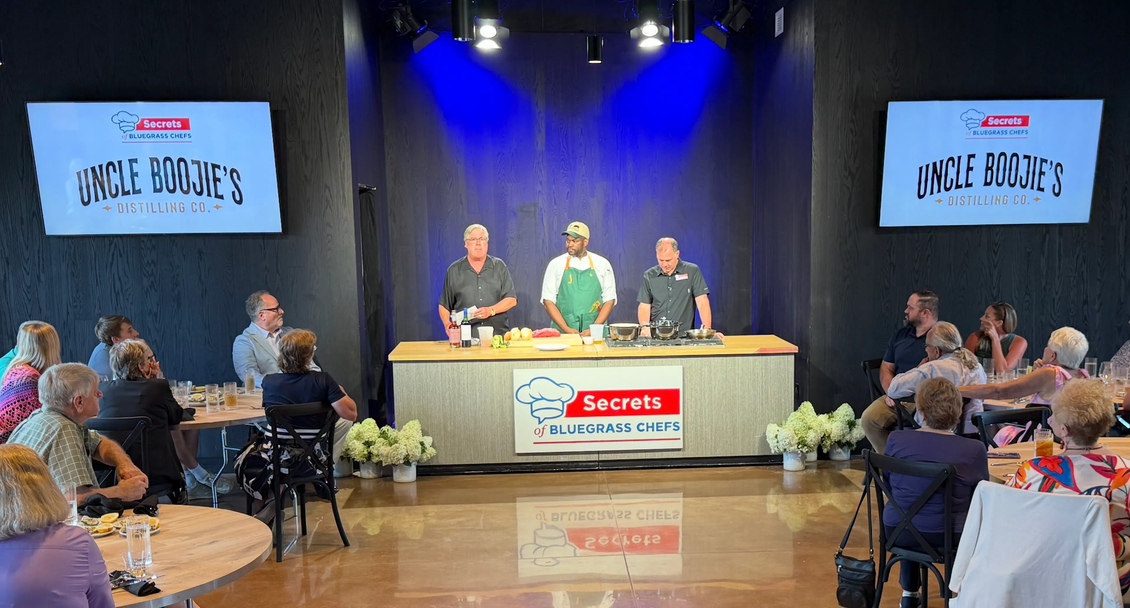 Secrets of Bluegrass Chefs Hosts' interview a chef from a james beard winning restaurant in front of a live studio audience