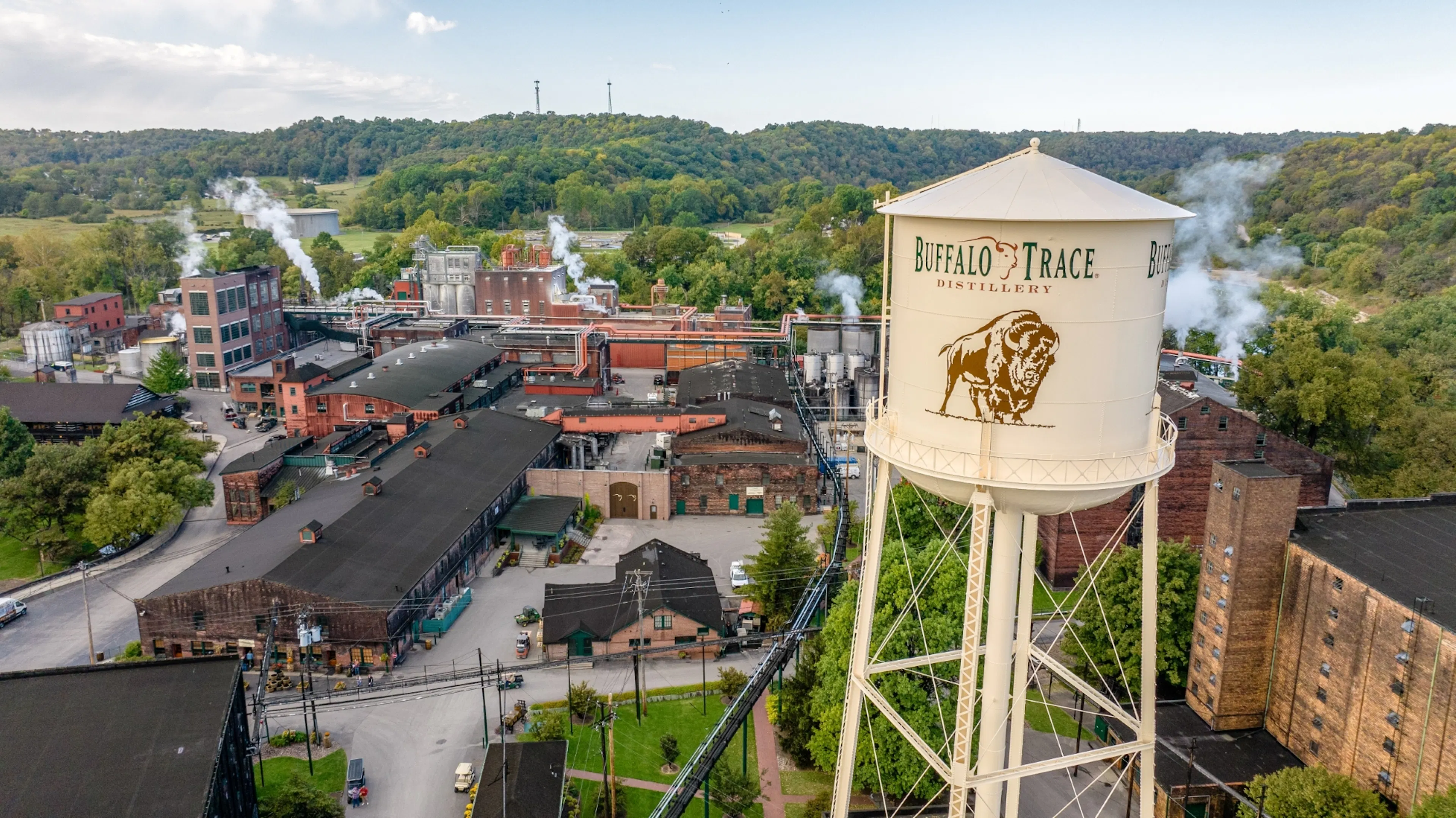 a drone shot of the buffalo trace distillery grounds