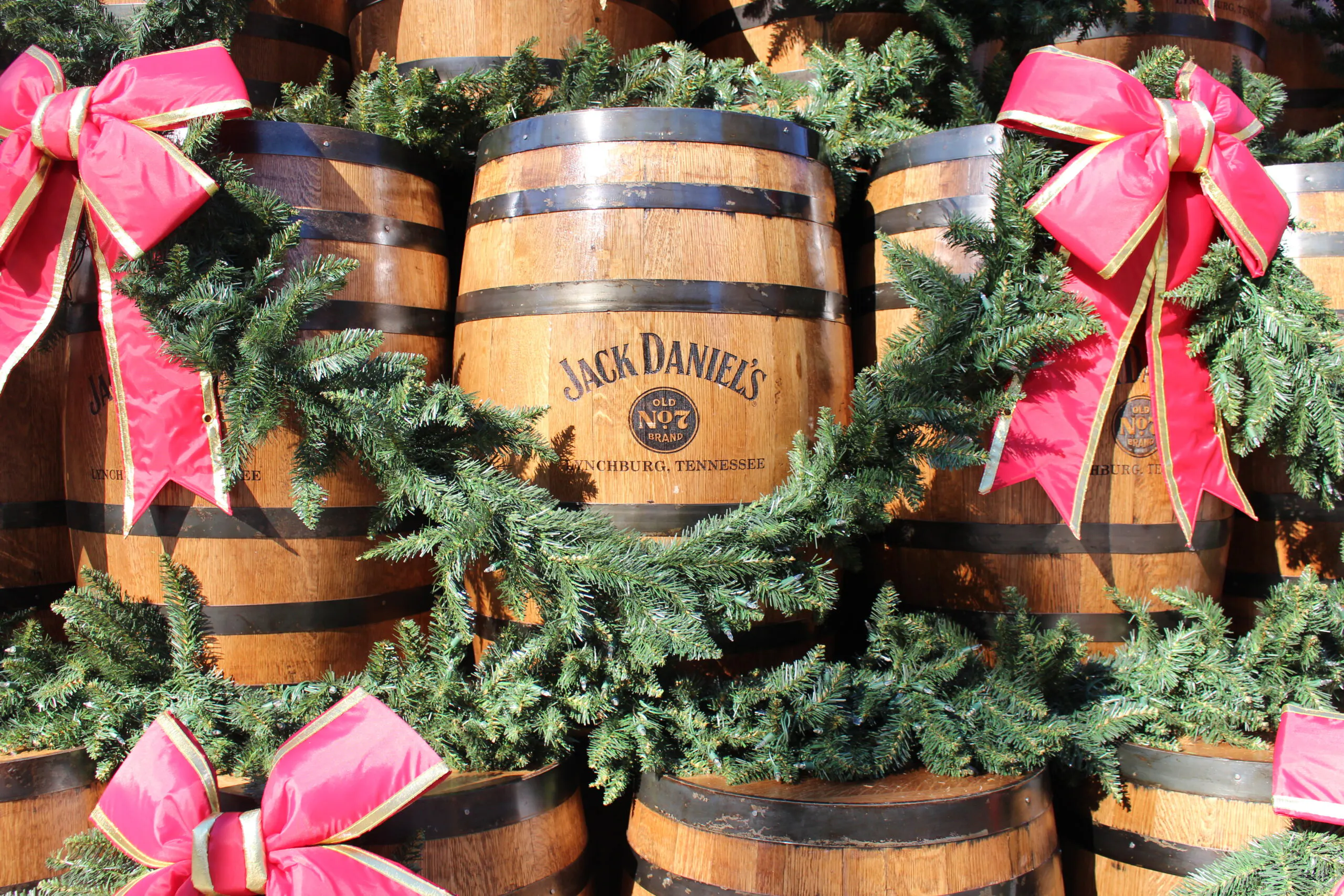 the iconic barrels on the Jack Daniel's holiday barrel tree at Jack Daniel's distillery in Lynchburg, TN