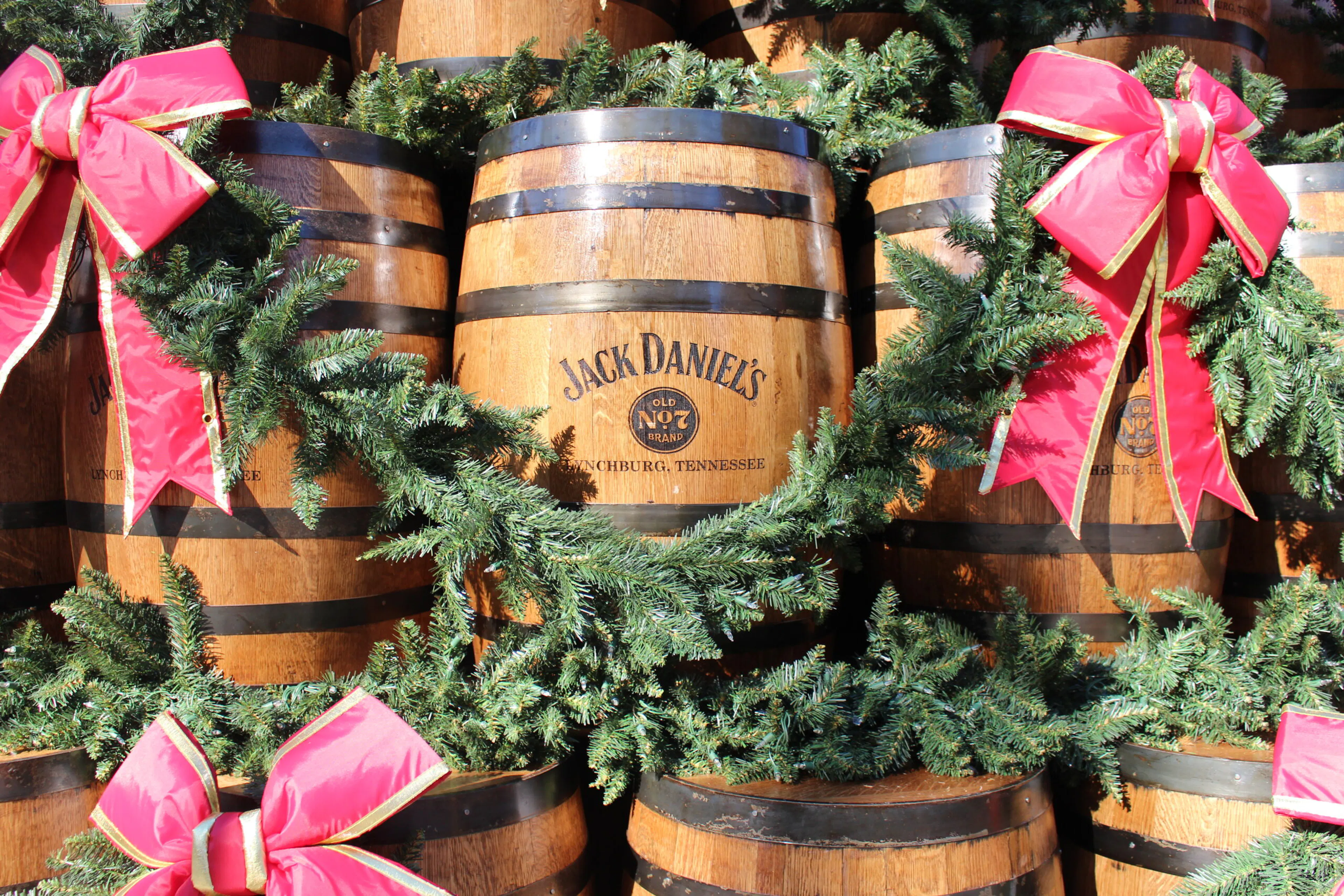 the iconic barrels on the Jack Daniel's holiday barrel tree at Jack Daniel's distillery in Lynchburg, TN